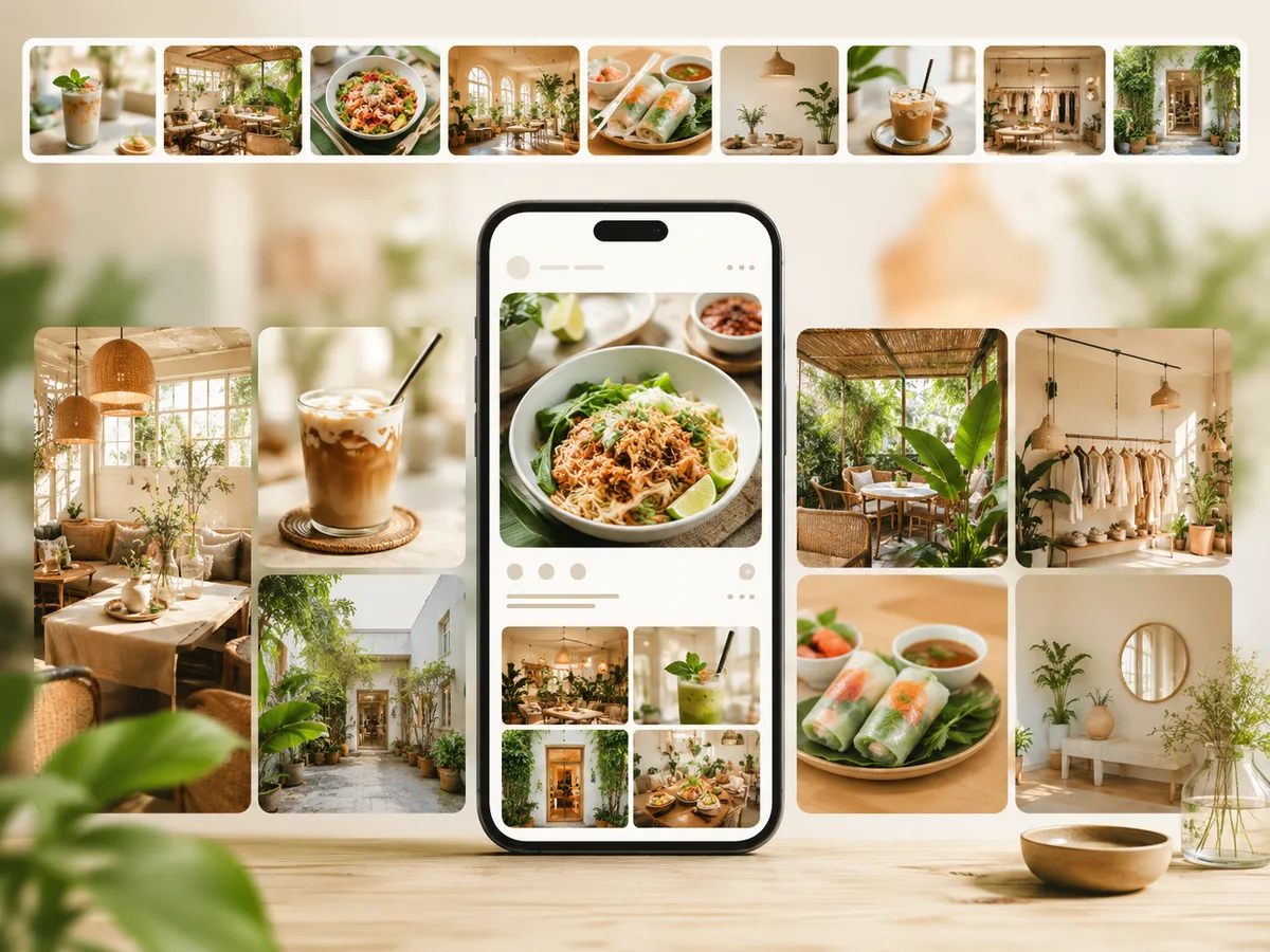 Ảnh cửa hàng, quán café ở Việt Nam và mô phỏng điện thoại. Chuẩn bị ảnh ngoại thất, nội thất và ảnh thực phẩm để tăng ấn tượng ban đầu
