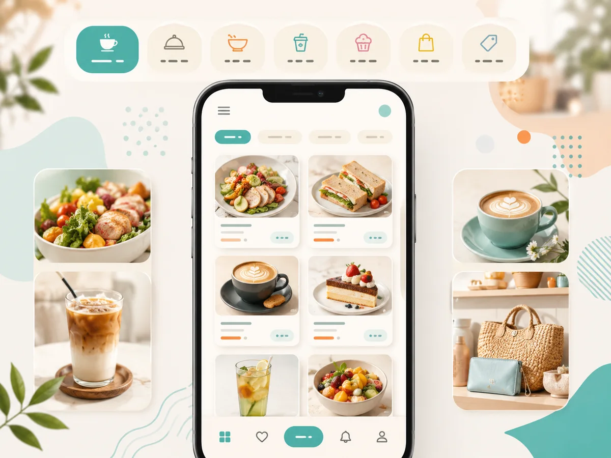 Giao diện ứng dụng menu. Biểu tượng danh mục thực phẩm và ảnh thực phẩm xếp hàng trong giao diện menu kỹ thuật số cho cửa hàng ăn uống