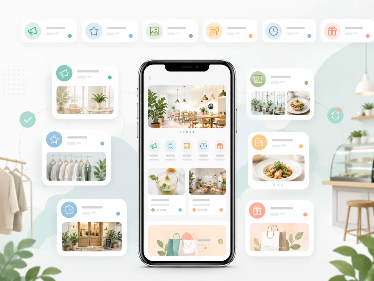 Giao diện quản lý nội dung SNS và ảnh cửa hàng. Hình ảnh về cách chuyển đổi các bài đăng hàng ngày trên Instagram thành khách hàng đến cửa hàng